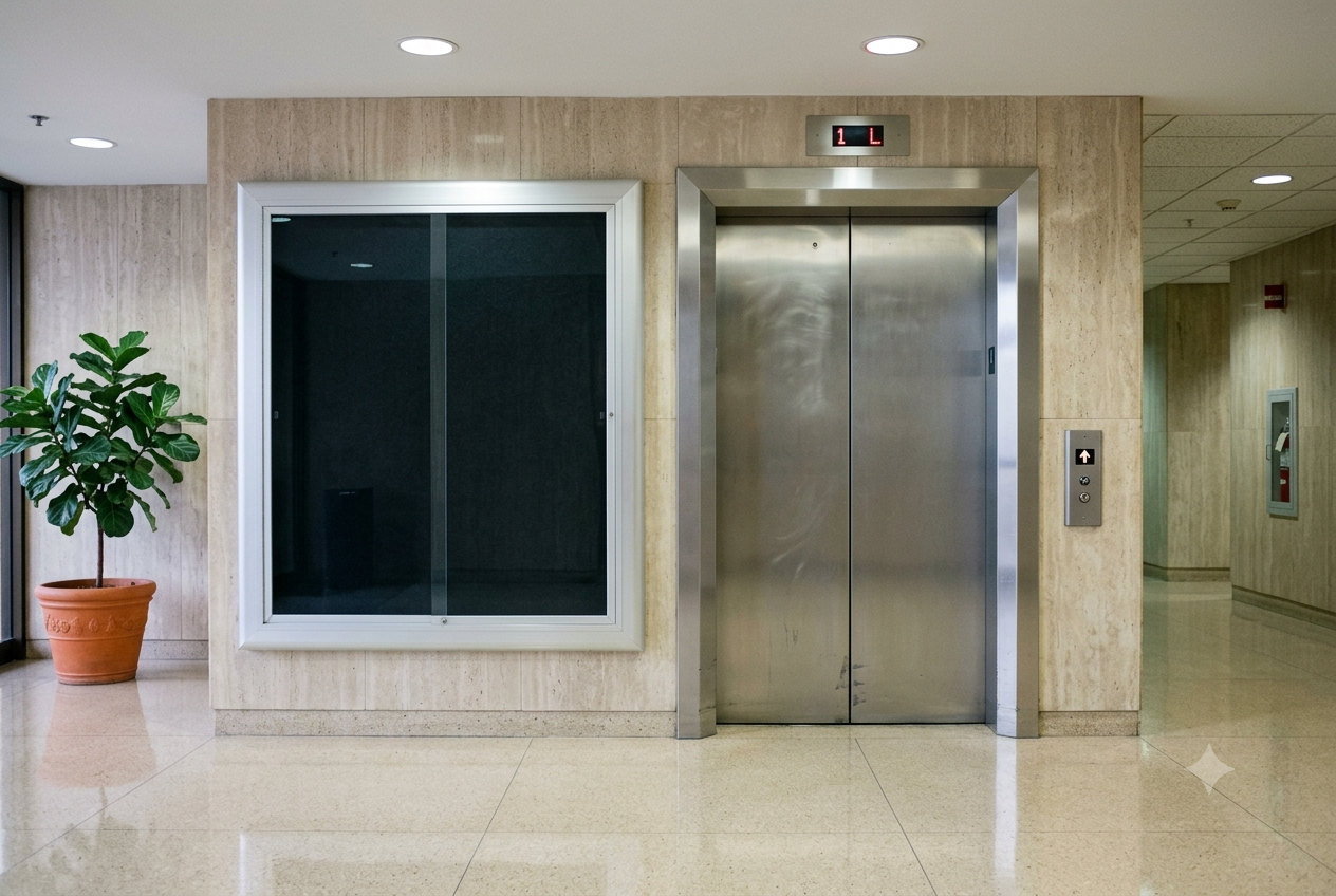 Office-building lobby with an elevator and a directory board